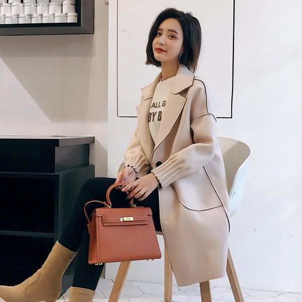 

office lady long wool coat single button wool blend coat and jacket turn-down collar pockets women coats autumn winter1, Black