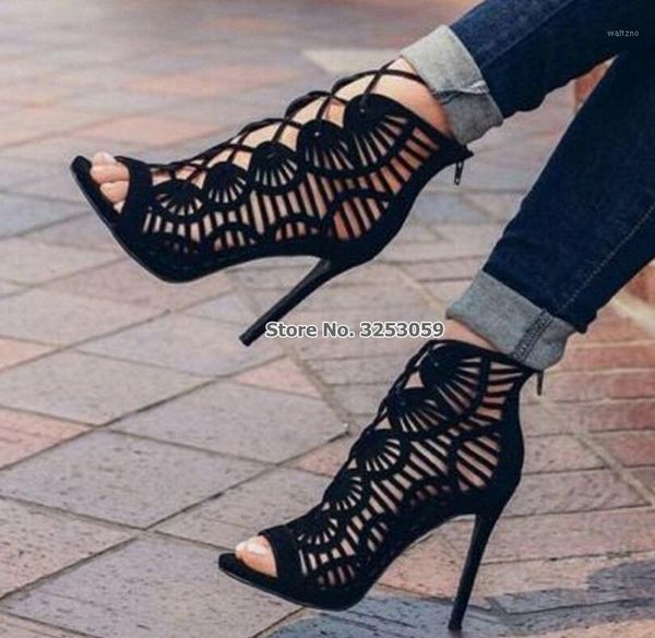 

almudena women black suede strappy hollow out cage sandal boots stiletto heels open toe ankle booties dress shoes dropship pumps1