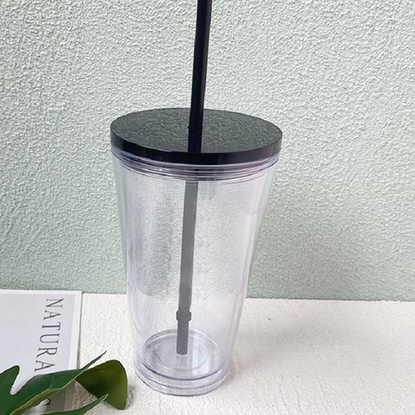 

clear 24oz plastic flat lid water tumblers with black straw double wall reusable portable 710ml office coffee mug 16oz transparent acrylic d