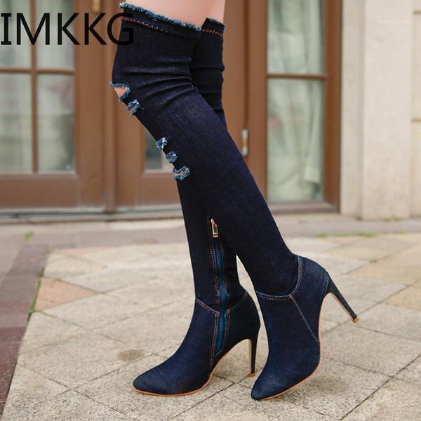 

women's over the knee boots women denim long boots woman thin high heels ladies autumn pumps female fashion big size 36-421, Black