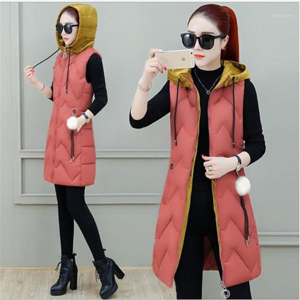 

women casual waistcoat 2019 medium-long autumn winter women vest hooded zipper warm vest slim clothing plus size 3xl h0301, Black;white