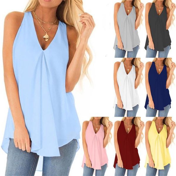 

sleeveless loose hem ladies t shirts 2020 summer solid color v-neck chiffon women t shirt casual plus size shirts blue, White