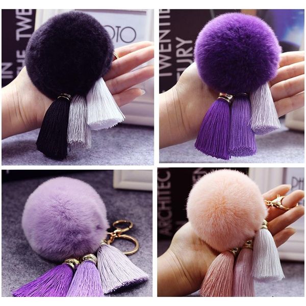 

fashion 12 colors rabbit fur cony hair ball pompom charm thrice tassel pendant keychain for women car key ring handbag accessory f sqcquw, Slivery;golden