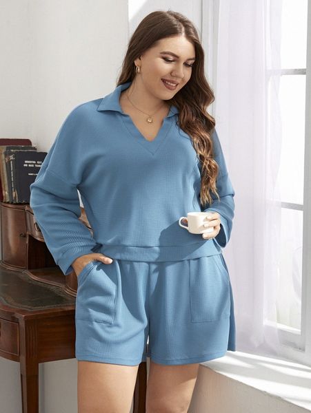 

plus waffle knit drop shoulder pj set z9qn#, Black;white