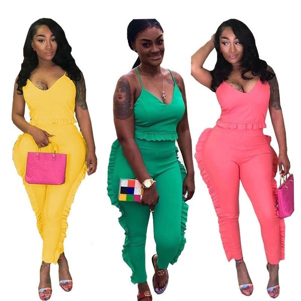 Verão Feminino Tracksuit Dois Pedaços Conjuntos Sem Mangas Ruffle Topo e Calças Ladies Streetwear Lazer Terno Jogger Outfits Mulheres Set T200603