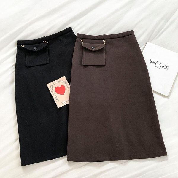 

skirts heliar korean style women midi skirt with package faldas largas elegantes winter womens 2021 harajuku high waisted, Black