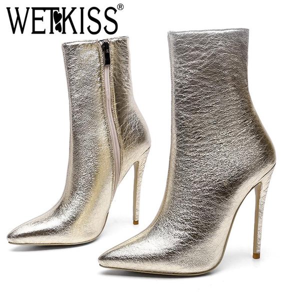 

wetkiss winter short boots women warm high neck pointed toe footwear fashion party booties zip high heels female shoes 2020, Black