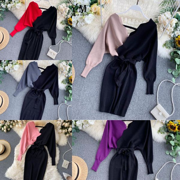 

yuoomuoo elegant sashes v neck knit dress women 2020 backless autumn long sleeve sweater dress ladies bodycon short dress h1210, Black;gray