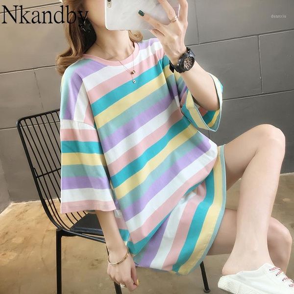 

plus size multicolor striped long tees 2020 summer casual loose preppy style short sleeve t-shirt oversized cotton tshirt1, White