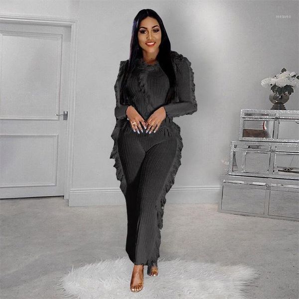 

women's autumn winter tassel fashion o-neck long sleeve and pant two piece set szf-60381, Gray