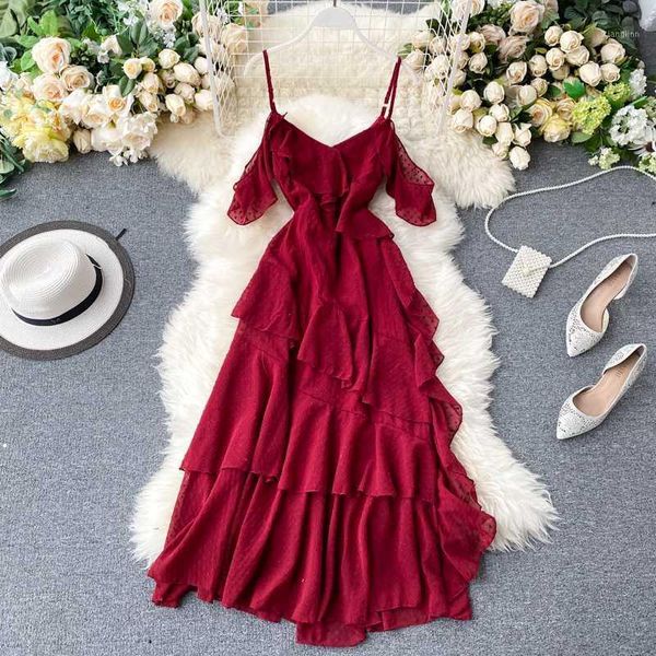 

new 2020 boho dress women elegant spaghetti ruffles chiffon dress vestidos mujer ladies fashion irregular long robe femme1, Black;gray