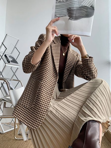

2021 new houndstooth woolen blazer women's short section autumn and winter new temperament all-match thick plaid suit 0z2d, Black