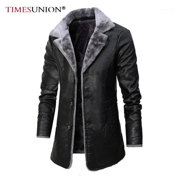 

winter 2020 new men's solid pu lapel slim fleece warm men's leather jacket zipper pocket faux leather jacket1, Black