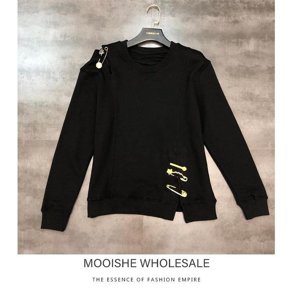 

2020 autumn new metal pin decoration hole design round neck long-sleeved sweatshirt women, Black