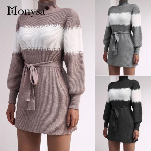

turtleneck sweater dresses for women winter patchwork long sleeve casual knitted dress vestidos de invierno de manga larga 2021, Black;gray