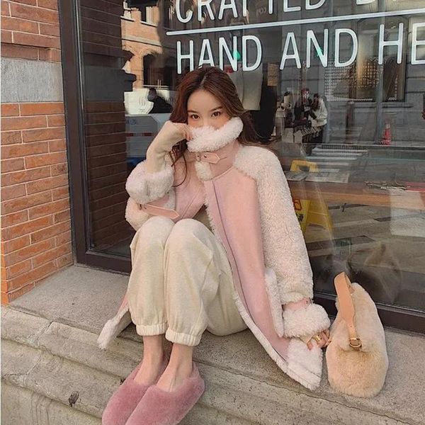 

women's fur & faux winter coat women thick warm overcoat plush particle lambs wool jacket loose fashion outwears, Black