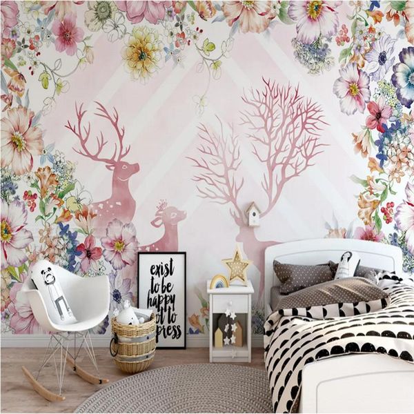 

cartoon children's room background mural wallpaper for kids room watercolor plant floral elk wall paper 3d papel de parede 3d