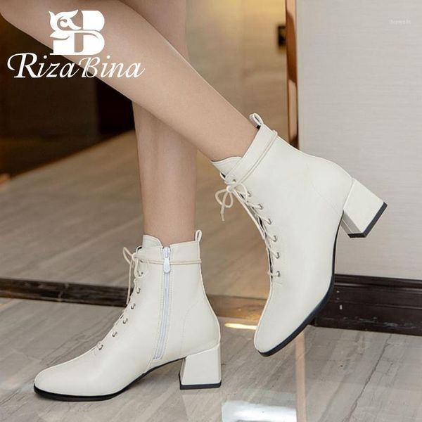 

boots rizabina ankle for women square toe thick heel lace up solid color outdoor fashion ladies footwear size 34-431, Black