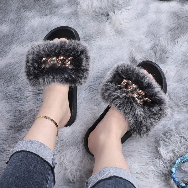 

designer slipper fluffy fluffy flip flops real fox raccoon fur slippers designer golden chain furry fur slides plush beach slipp, Black