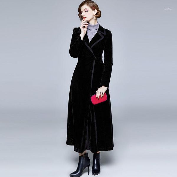 

designer winter long maxi velvet coat women cotton warm trench coat female vintage windbreaker outerwear autumn1, Tan;black