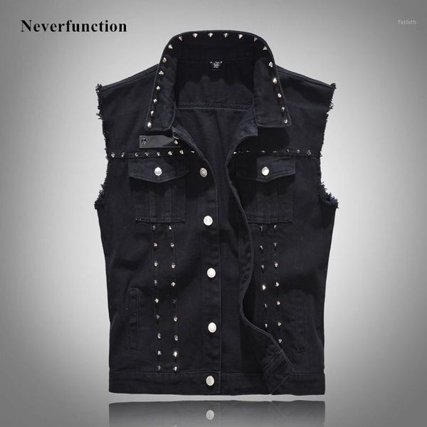 

men fashion vintage metal rivet punk motorcycle sleeveless jeans jacketsmale casual slim fit black denim vests plus size 4xl 5xl1, Black;brown