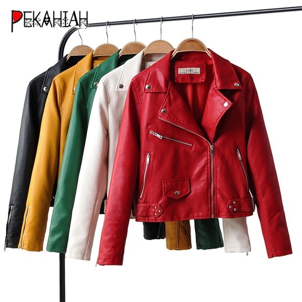 

red yellow leather jacket women long sleeve zipper pu biker jacket streetwear motorcycle black faux leather coat full 201226
