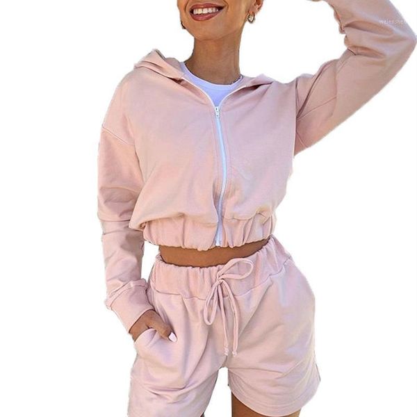 

gym clothing women long sleeve two piecetracksuit set hooded cardigan coat +shorts hoodie suit suits female1, White;black