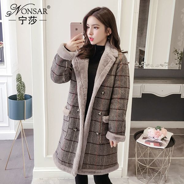 

winter 2020 new temperament plush heavy plaid medium long woolen coat women fashion, Black