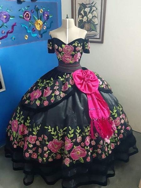 

2022 black mexican quinceanera dresses ball gown off the shoulder 3d floral flowers satin beading bows long sweet 15 charra prom evening for, Blue;red