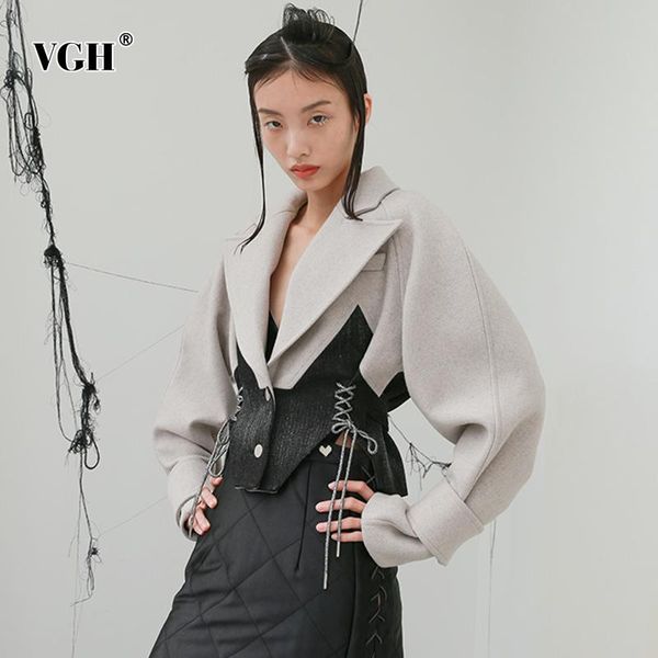

vgh casual patchwork tunic jackets for women lapel long sleeve irregular bandage lace up short female fashion new clothign, Black;brown