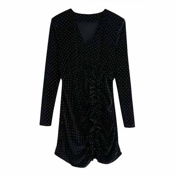 

women spring autumn pleated mini dress long sleeve v-neck dot slim cascading ruffle female elegant fashion party dresses vestido, Black;gray