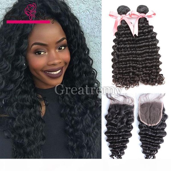 

2pcs deep wave brazilian virgin hair bundles with lace closure human hair wefts + 1pc lace closure 4x4 full head greatremy, Black