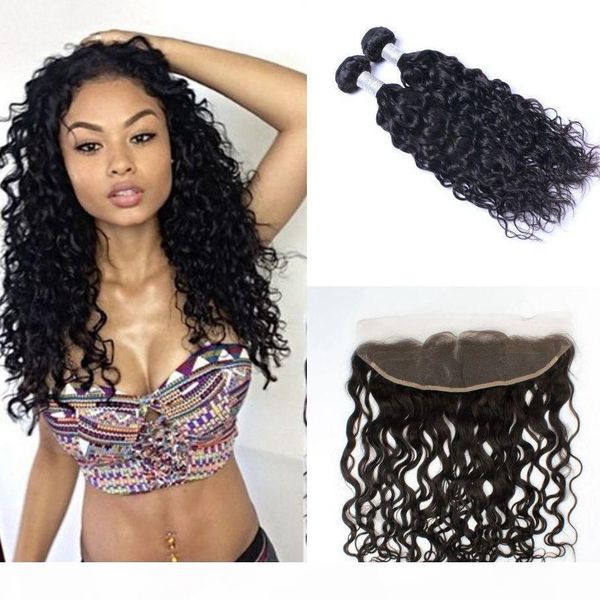

indian virgin human hair weaves with frontal 2 bundles water wave hair extensions with lace frontal, Black;brown