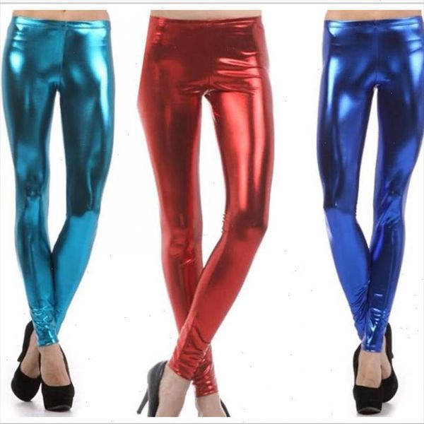 

plus size latex metallic leggings candy color faux leather legging mid waist ankle length pants women legging black gold