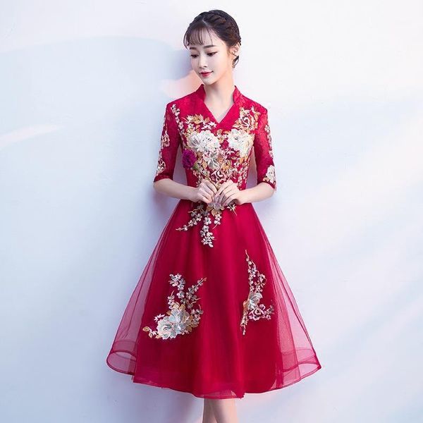 

toast clothes slim women qipao bride wedding dress chinese style ladies evening party cheongsam vintage flower robe gown1, Red