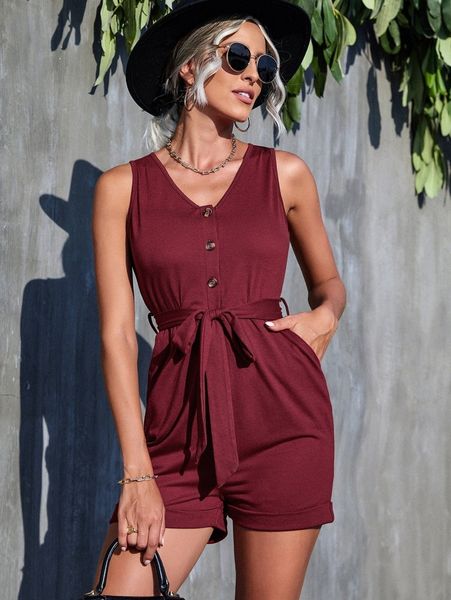 

button front slant pocket belted tank romper v32l#, White