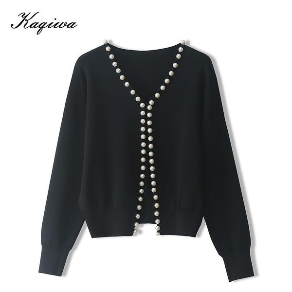 

knitted cardigan spring and summer solid color pearl edge long sleeve v-neck loose jacket female kg-573, White