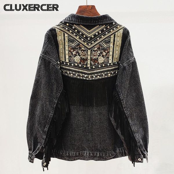 

vintage black embroidery print denim jacket women spring autumn suede tassel casual loose jean coat female outwear, Black;brown
