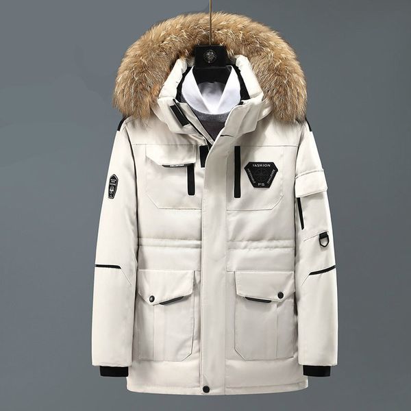 

white duck down parka mens winter jacket multi-pocket hooded jacket male casual fur warm coat men's mid-length chaqueta c1212, Black