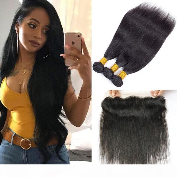 

13x4 peruvian hair lace frontal closure with 4 bundles straight brazilian human hair full lace frontal pieces ear to ear, Black;brown