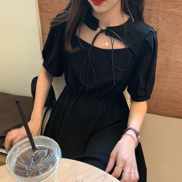 

women vintage lace-up hollow out party dress ladies spring summer puff short sleeve mini dress female vestidos1, Black;gray