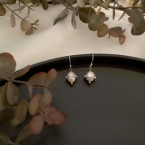 

ancient ways is contracted the bell orchids baroque freshwater pearl 925 earrings earrings small beautiful, Golden;silver