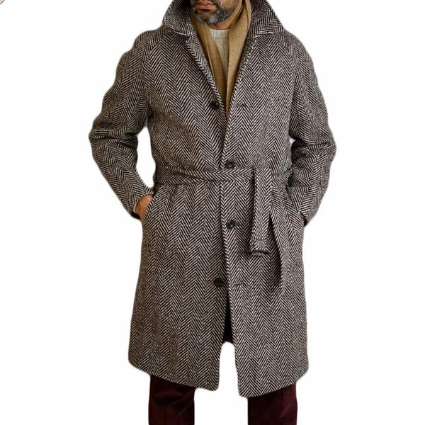 

men's wool & blends striped woolen overcoat england style singal breasted thick loose mid-length warmcasual trench winter coat male jac, Black