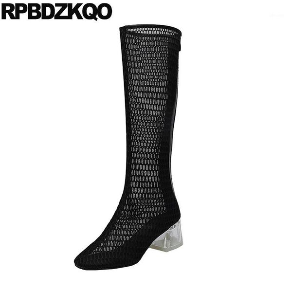 

knee high chunky clear shoes women beige boots transparent long summer cut out ladies black sandals mesh size 41