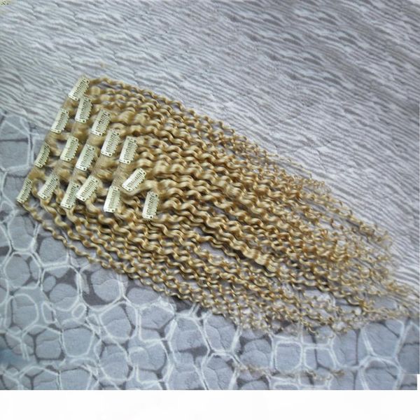 

blonde kinky curly clip in human hair extensions brazilian remy hair 100% human hair 7 pieces set 100g clip ins, Black;brown