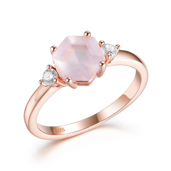

kuololit 585 gold natural rose quartz gemstone women 925 sterling silver hexagon luxury ring for engagement gifts q1214, Golden;silver