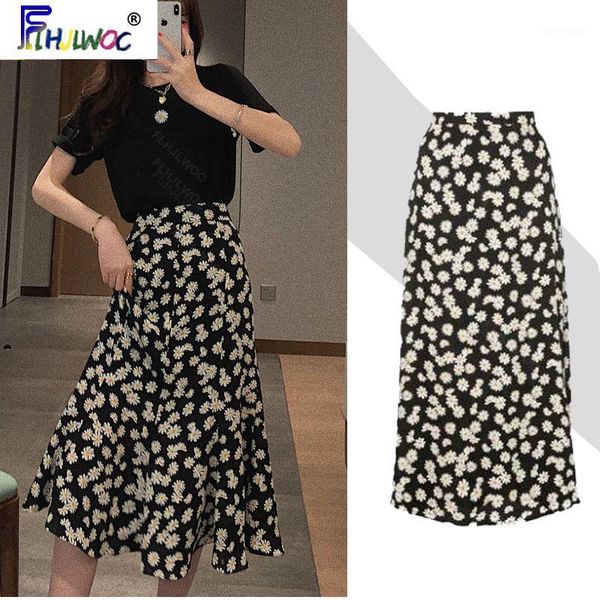 

summer long skirts women bellis perennis daisy marguerite korean japanese girls high waist flower floral cute skirt1, Black