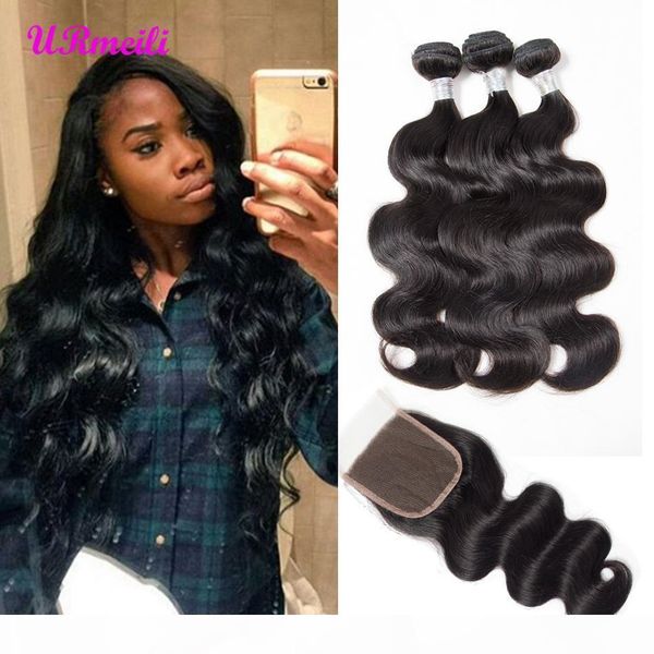 

malaysian body wave human hair bundles with closure 10a grade virgin malaysian unprocessed human hair weave 3 4 bundles with lace closure, Black;brown