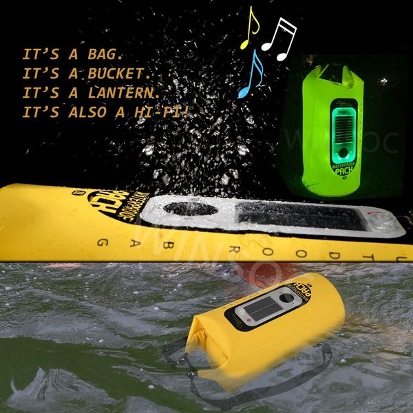 

solar dry bag music speaker with bluetooth/rgb/white led/ lantern/sos functions waterproof ocean backpack for outdoor camping 20l