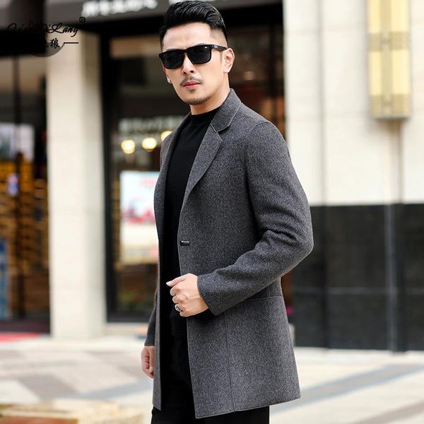 

in the fall and winter of 2020 middle-aged men long wool woolen cloth coat suits brought about double cashmere coat, Black